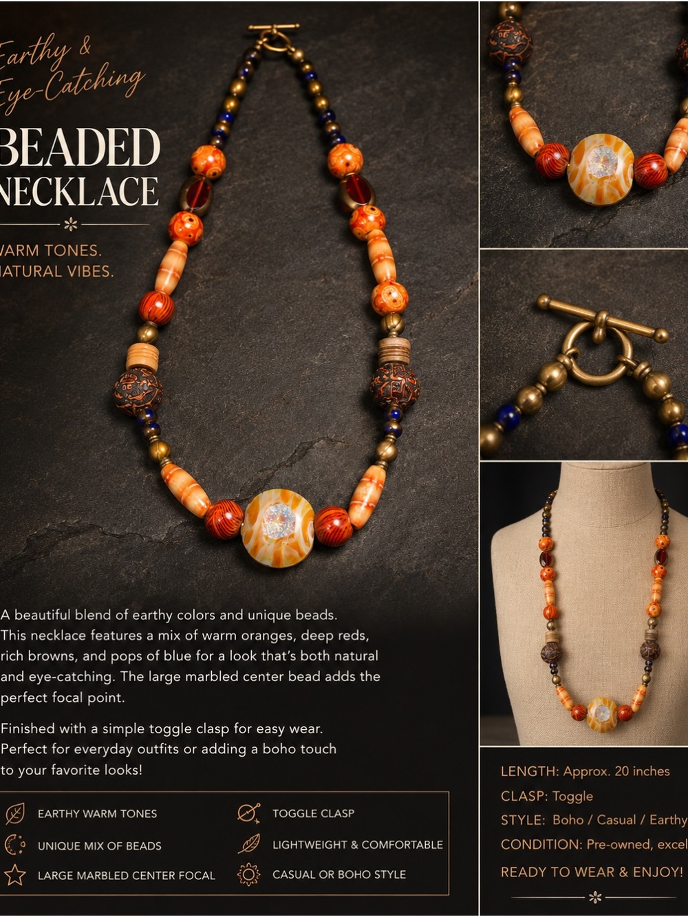 Boho Earth-Tone Beaded Necklace | Artisan Style Statement Necklace